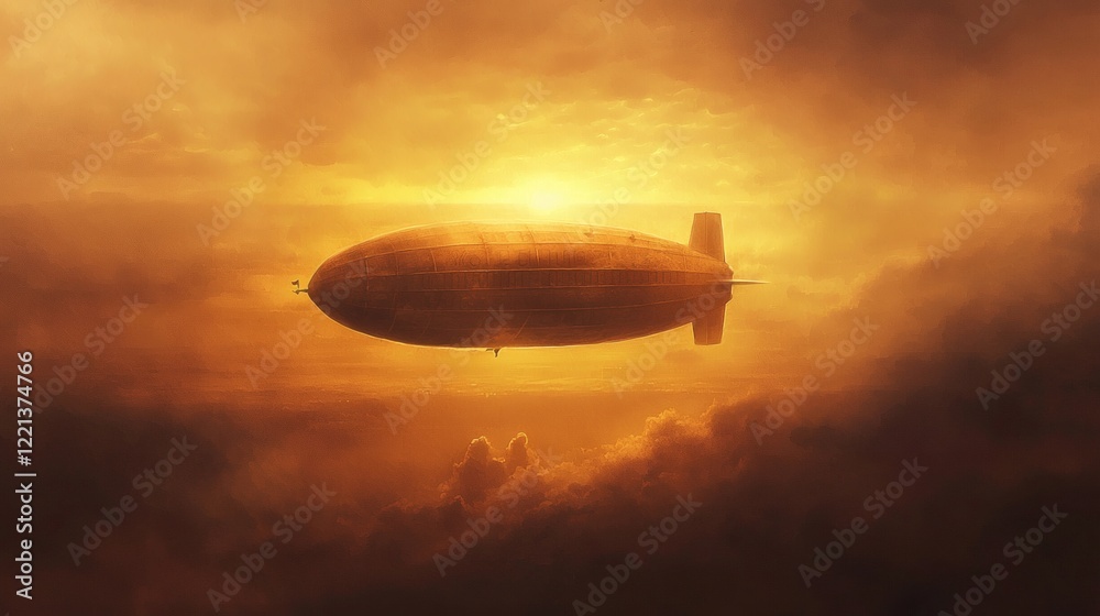 Obraz premium 139. A glowing zeppelin flying through an ethereal golden sky at dawn