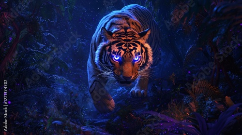 137. A glowing tiger prowling through an ethereal jungle filled with bioluminescent plants