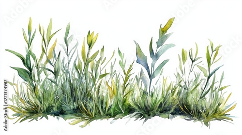 Watercolor Green Grass Side View for Landscape and Architecture Drawing