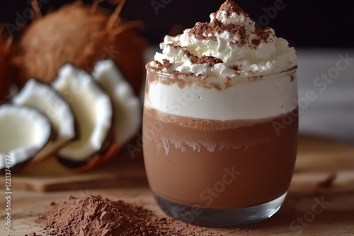 A creamy coconut milk hot chocolate with a rich layer of whipped cream and a dash of cocoa powder.