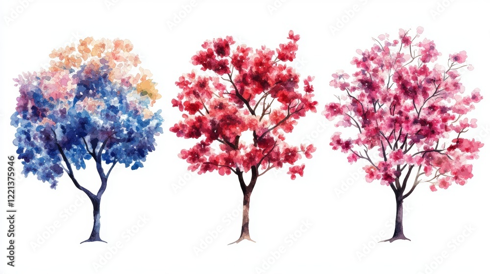 Fototapeta premium Watercolor Blooming Flower Tree Side View for Landscape and Architecture