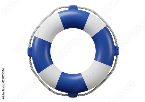 A 3D illustration of a blue and white lifebuoy ring with a rope encircling its edges isolated on white background