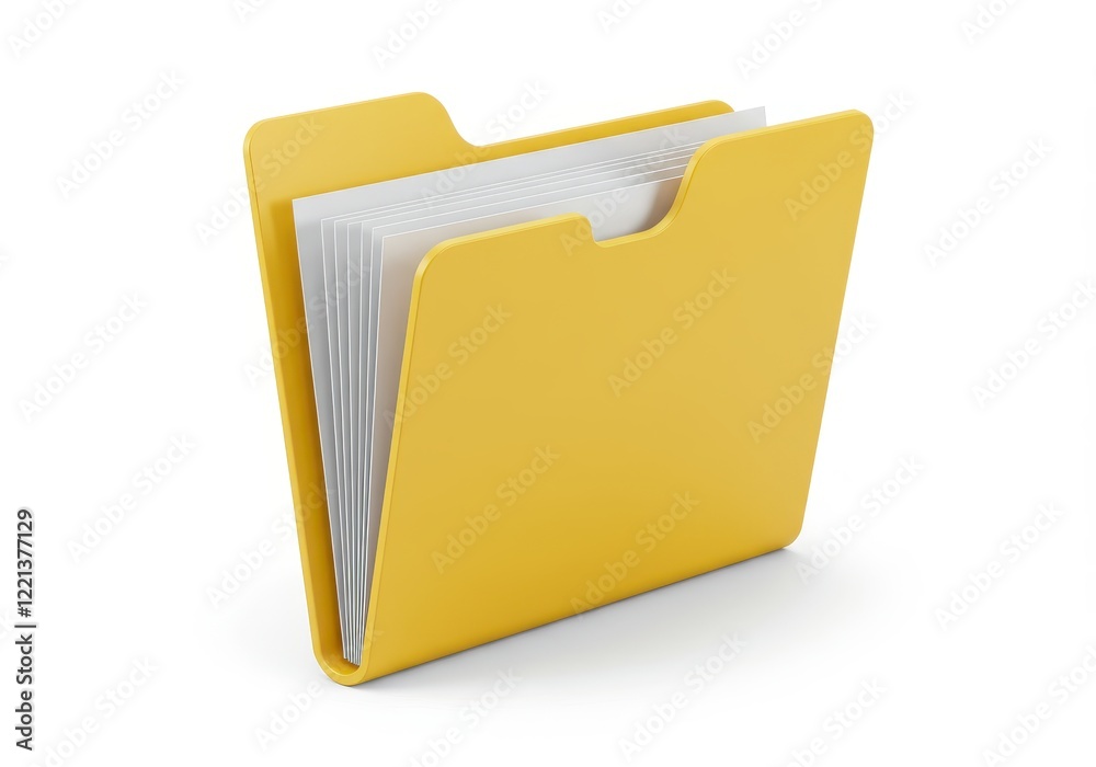 A 3D illustration of a yellow folder with white paper sheets visible inside isolated on white background A 3D illustration of a yellow folder with white paper sheets visible inside isolated on white background