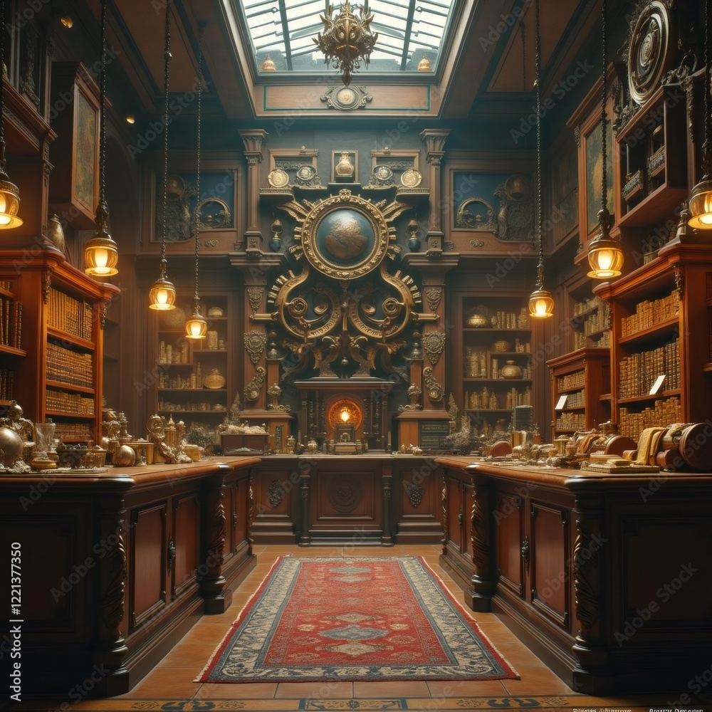 Obraz premium Elaborate Steampunk Library with Ornate Details and Warm, Atmospheric Lighting
