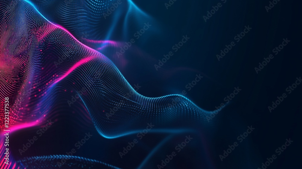 Fototapeta premium Abstract digital particle wave pattern background with vibrant pink and blue hues and dark space