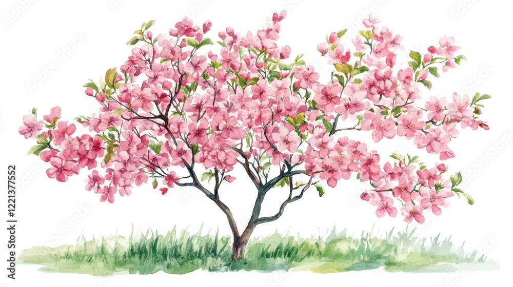 Obraz premium Watercolor Blooming Flower Tree Side View for Landscape and Architecture Drawing Elements