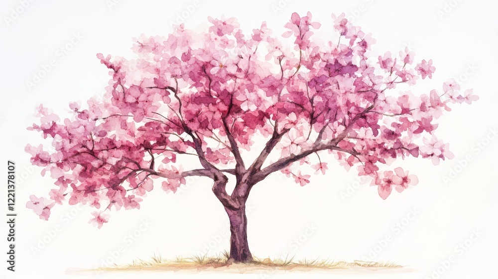 Fototapeta premium Watercolor Blooming Flower Tree Side View for Landscape and Architecture Drawing