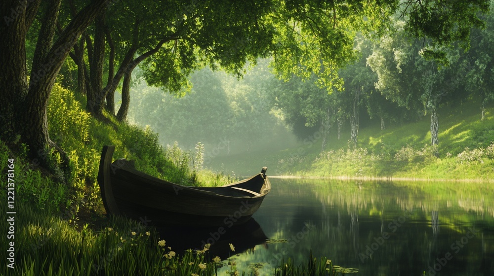 A tranquil scene of a wooden boat resting on the shore of a serene lake surrounded by lush green trees A tranquil scene of a wooden boat resting on the shore of a serene lake surrounded by lush green trees