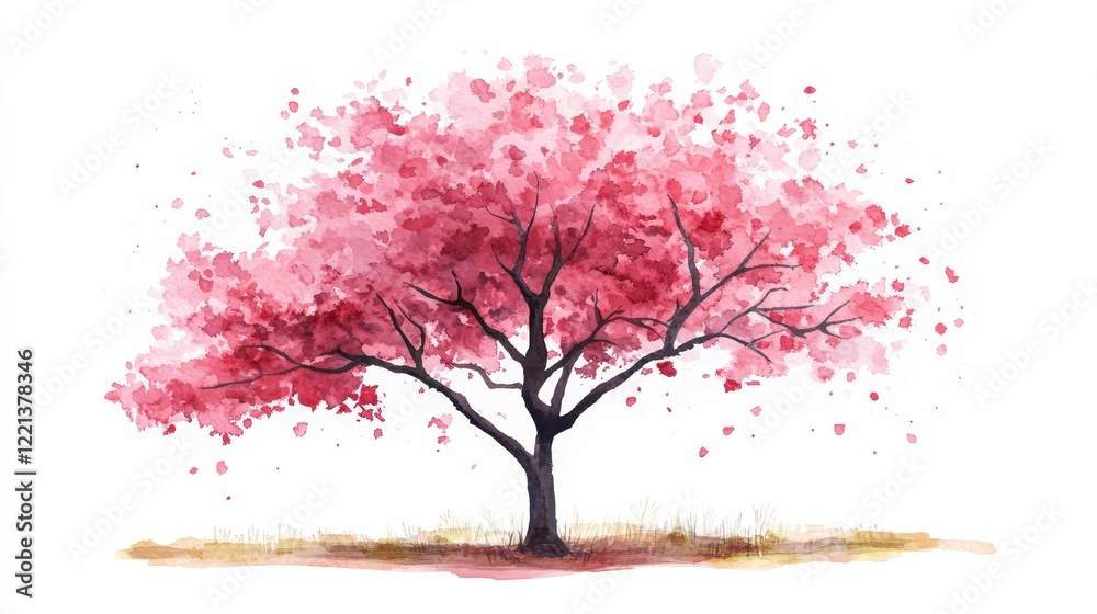 Fototapeta premium Watercolor Blooming Flower Tree Side View for Landscape and Architecture Drawing