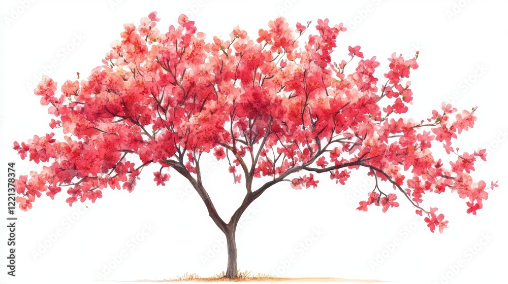 Fototapeta premium Watercolor Blooming Flower Tree Side View for Landscape and Architecture Drawing