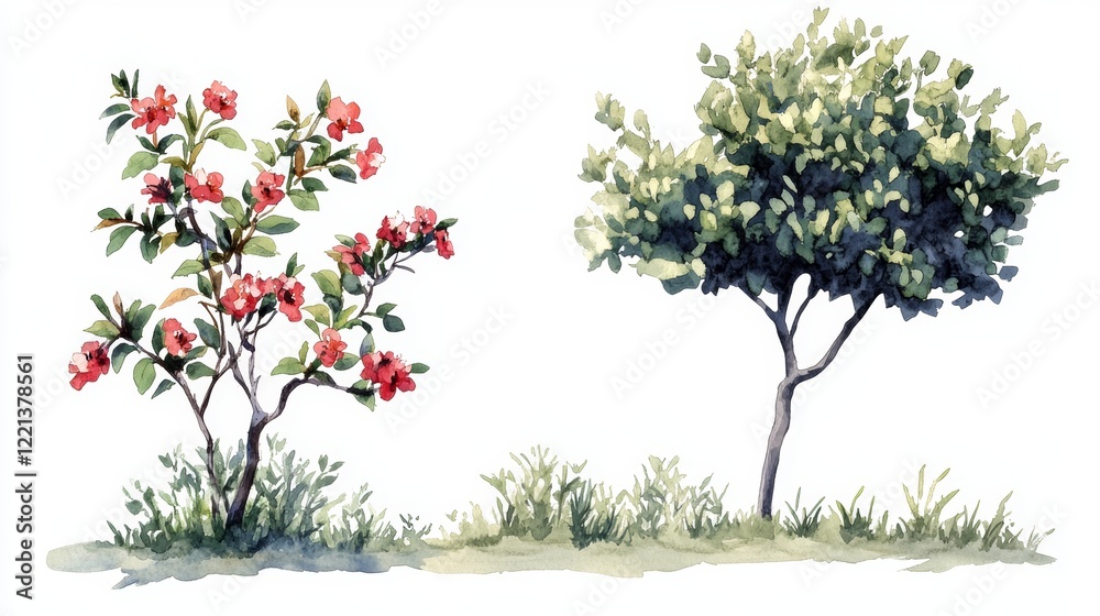 Fototapeta premium Watercolor Blooming Flower Tree Side View for Landscape and Architecture Drawing