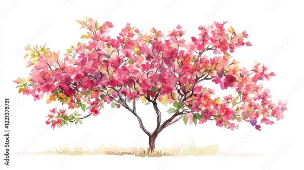 Fototapeta premium Watercolor Blooming Flower Tree Side View for Landscape and Architecture Drawing