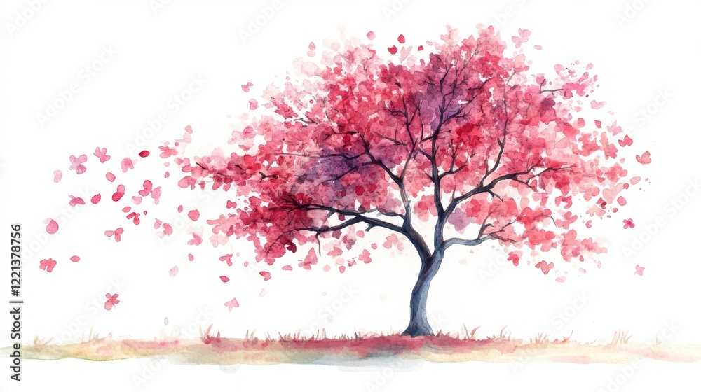 Fototapeta premium Watercolor Blooming Flower Tree Side View for Landscape and Architecture Drawing