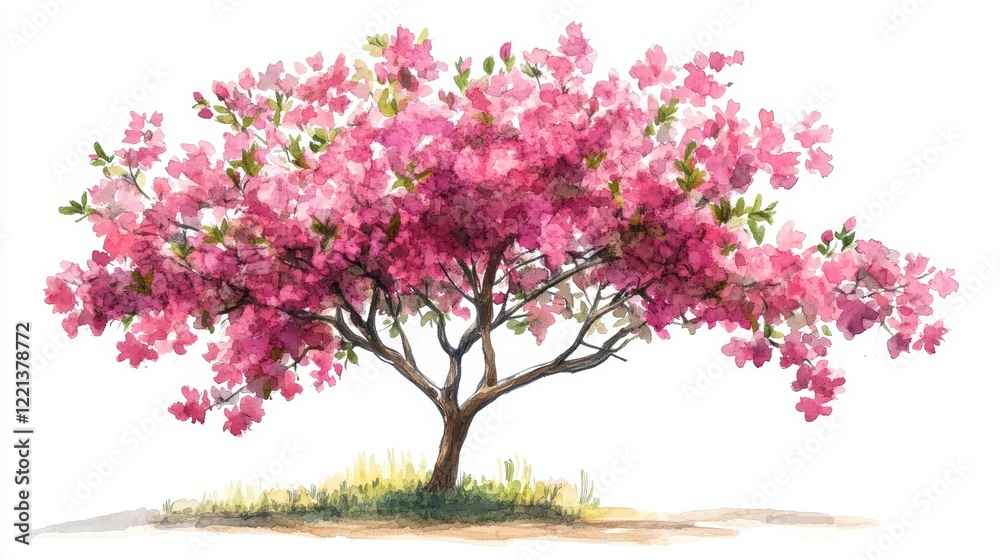 Fototapeta premium Watercolor Blooming Flower Tree Side View for Landscape and Architecture Drawing