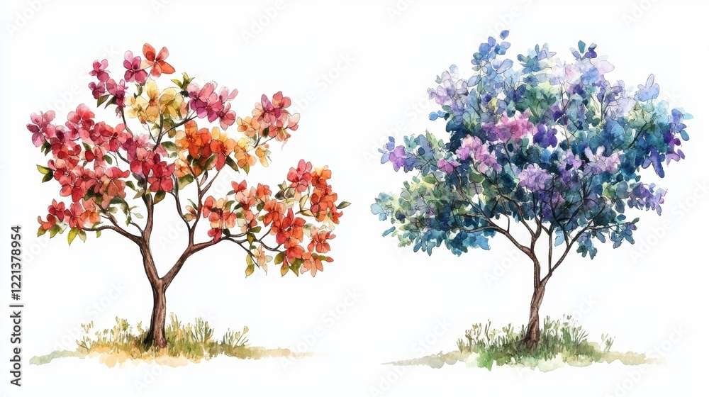 Fototapeta premium Watercolor Blooming Flower Tree Side View for Landscape and Architecture Drawing