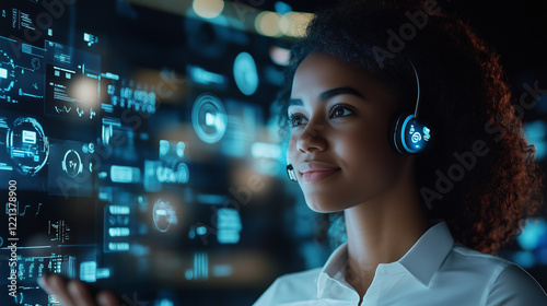 female customer support agent assisting a client through a virtual call center interface, with chat bubbles and data icons-3
