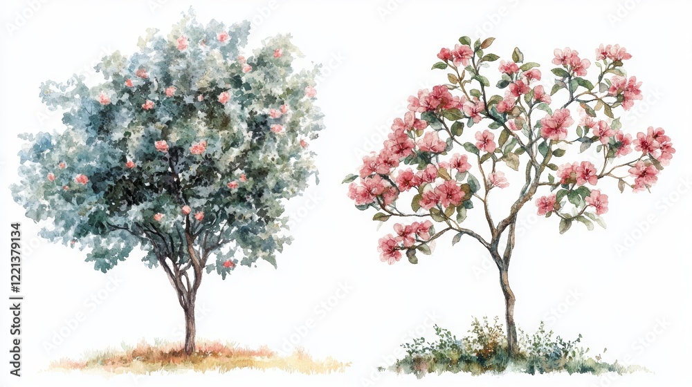 Obraz premium Watercolor Blooming Flower Tree Side View for Landscape and Architecture Drawing