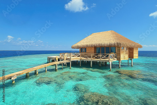 Idyllic Overwater Bungalow in Crystal Blue Ocean Under Clear Sky