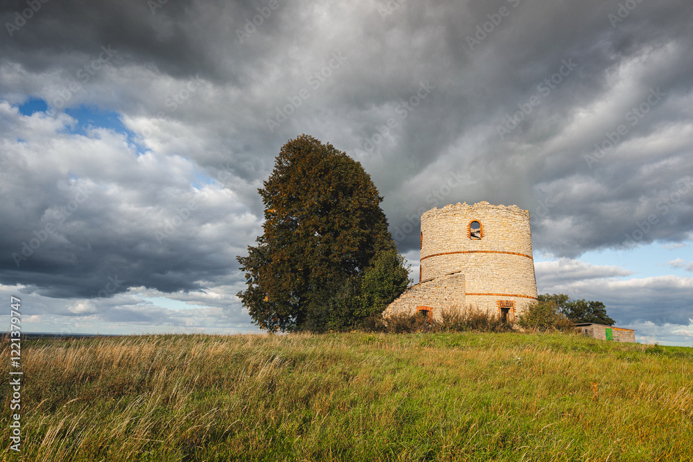 Ruins of windmill on Opolskie Voivodship in autumn day