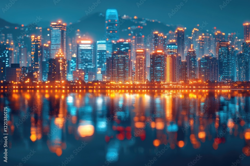 Fototapeta premium Vibrant Night Cityscape with Illuminated Skyscrapers Reflecting on Water