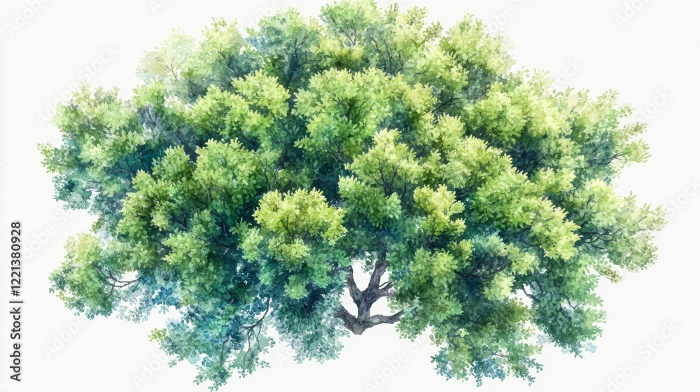 Obraz premium Watercolor Blooming Tree Top View for Landscape Plan and Architecture Drawing