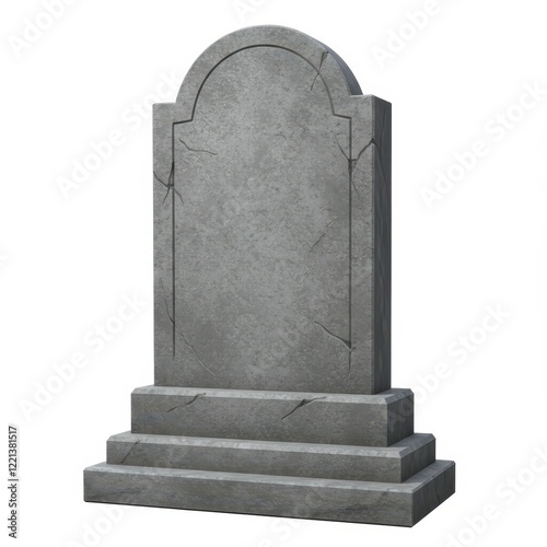 A 3D gray tombstone with a rectangular body and a slightly arched top isolated on white background photo