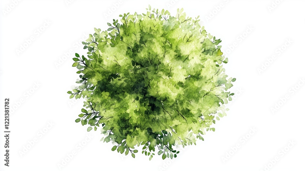 Fototapeta premium Watercolor Blooming Tree Top View Isolated on White Background for Landscape and Architecture Drawing