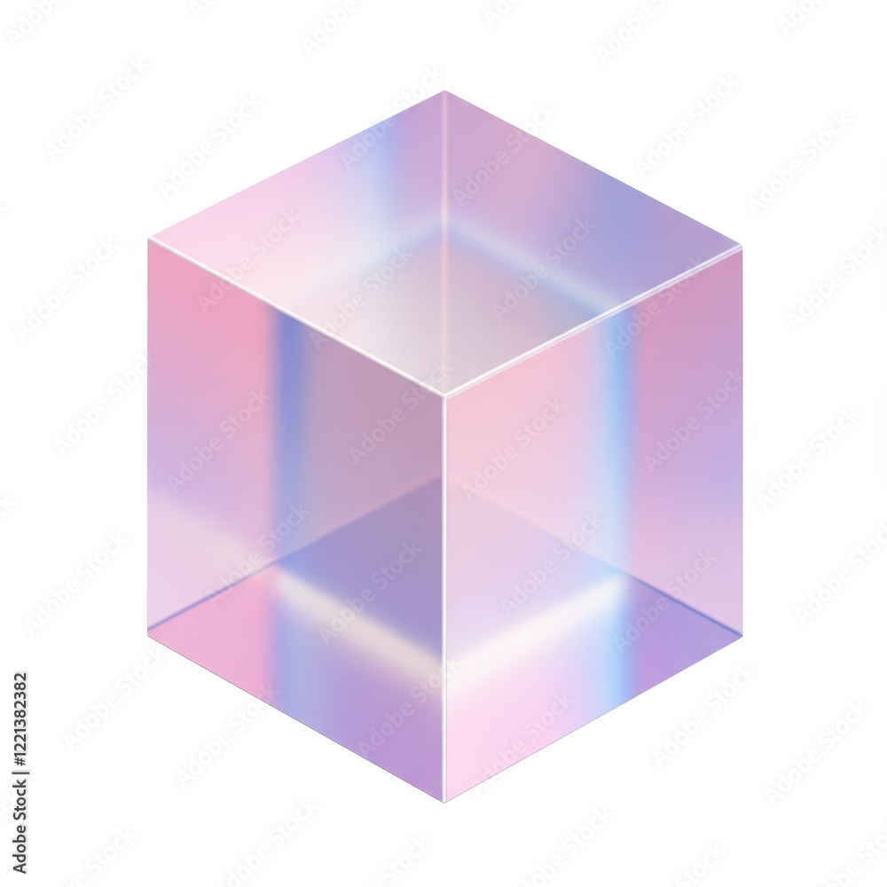 A 3D holographic glass cube with a glowing pastel gradient of colors like pink, blue and purple isolated on white background