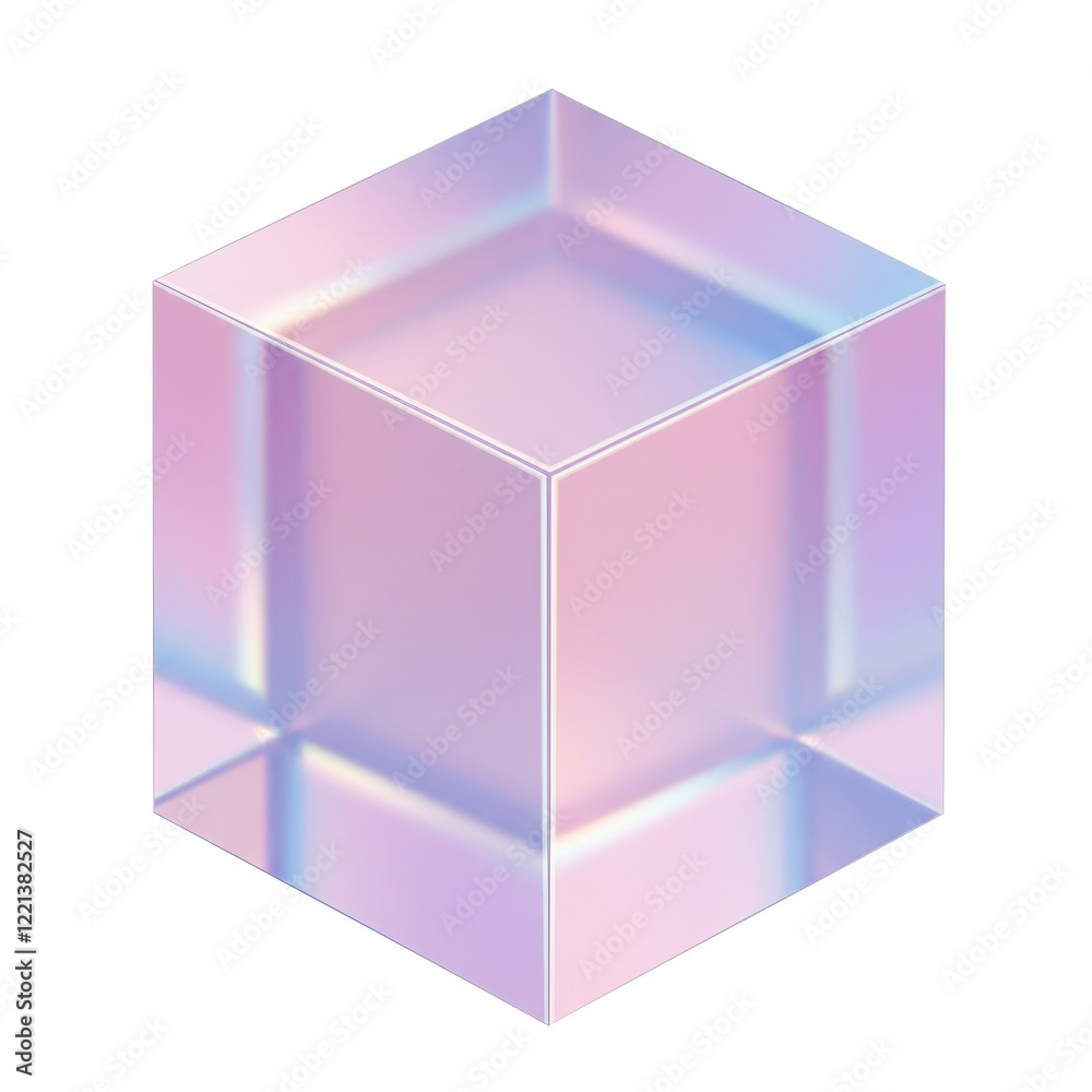 A 3D holographic glass cube with a glowing pastel gradient of colors like pink, blue and purple isolated on white background A 3D holographic glass cube with a glowing pastel gradient of colors like pink, blue and purple isolated on white background