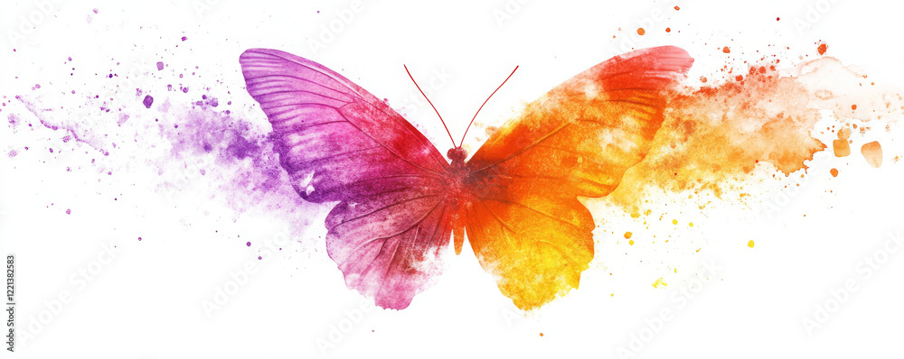 Obraz premium vibrant watercolor butterfly with colorful splashes of purple and orange, symbolizing transformation and beauty