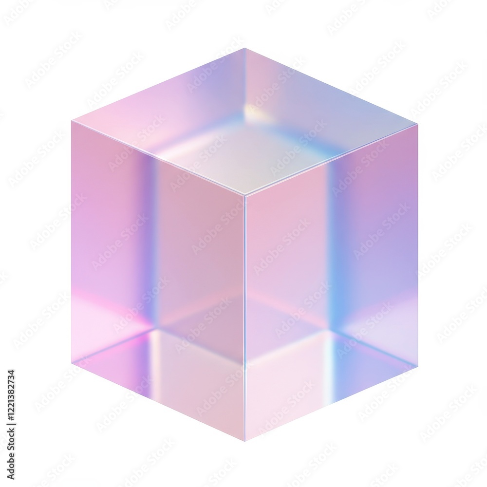 A 3D holographic glass cube with a glowing pastel gradient of colors like pink, blue and purple isolated on white background A 3D holographic glass cube with a glowing pastel gradient of colors like pink, blue and purple isolated on white background
