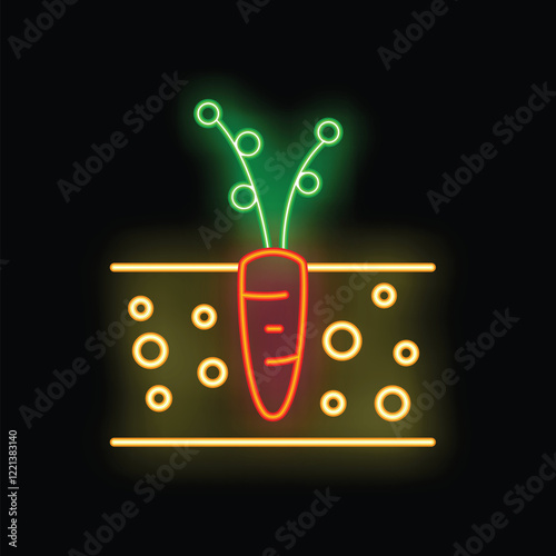 Neon sign of a carrot growing in the ground with air bubbles around