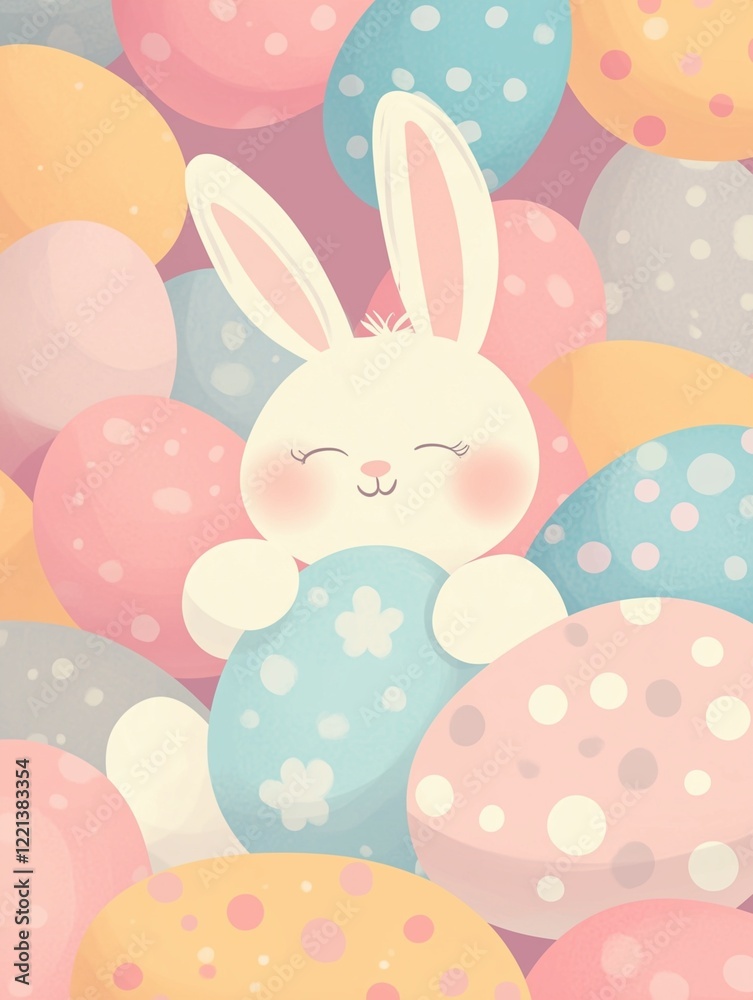 Cute Easter bunny holding a colorful egg surrounded by decorated eggs, pastel-colored postcard Cute Easter bunny holding a colorful egg surrounded by decorated eggs, pastel-colored postcard