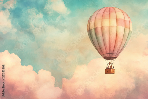 dreamy hot air balloon floats through pastel clouds, evoking sense of adventure and tranquility