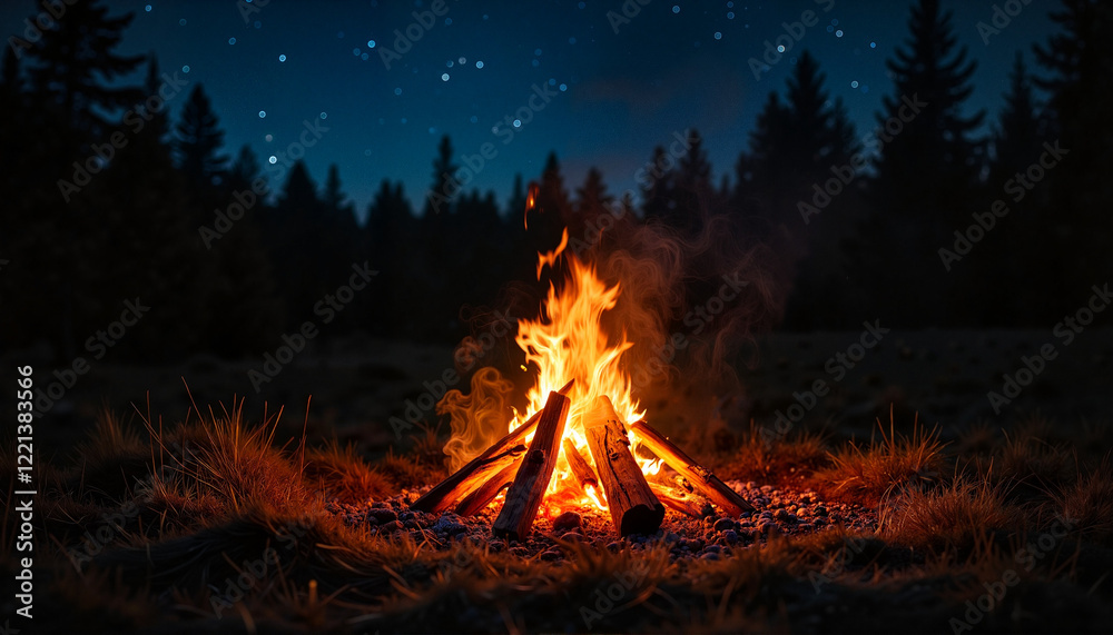 Cozy campfire flames glowing under starry night sky, warmth and comfort Cozy campfire flames glowing under starry night sky, warmth and comfort