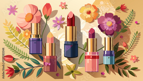 Fashion colorful lipsticks sun shadows from flowers on beige background flat lay top view. Beauty and cosmetics background. Decorative cosmetics makeup women's lipstick beauty brand product .