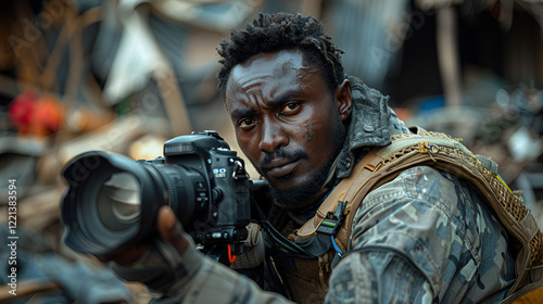 male African journalist, correspondent in war, konflikt zone, wearing tactical vest and camouflage gear. professional camera with large lens, ready to capture the unfolding events. intense, expression