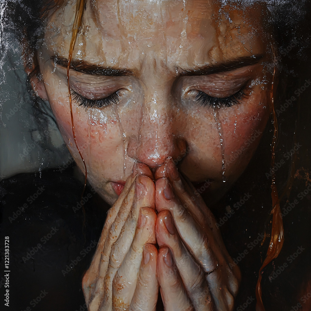 Obraz premium A Painting of a woman with her hands clasped together, ideal for digital marketing campaigns and social media content.
