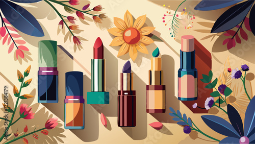 Fashion colorful lipsticks sun shadows from flowers on beige background flat lay top view. Beauty and cosmetics background. Decorative cosmetics makeup women's lipstick beauty brand product .