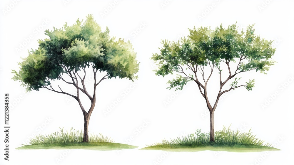 Fototapeta premium Watercolor Tree Side View Isolated on White Background for Landscape and Architecture Drawing