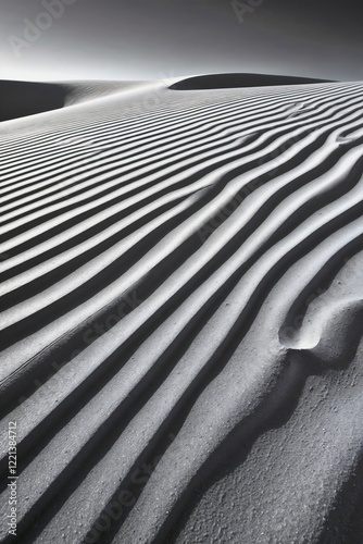 A black-and-white photograph capturing the rhythmic ripples of vast sand dunes. The low angle emphasizes intricate textures, with dramatic contrasts of light and shadow.








