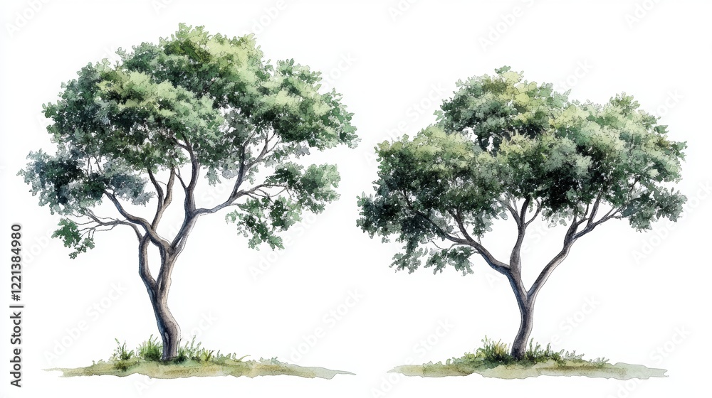 Watercolor Tree Side View Isolated on White Background for Landscape and Architecture Drawing Watercolor Tree Side View Isolated on White Background for Landscape and Architecture Drawing