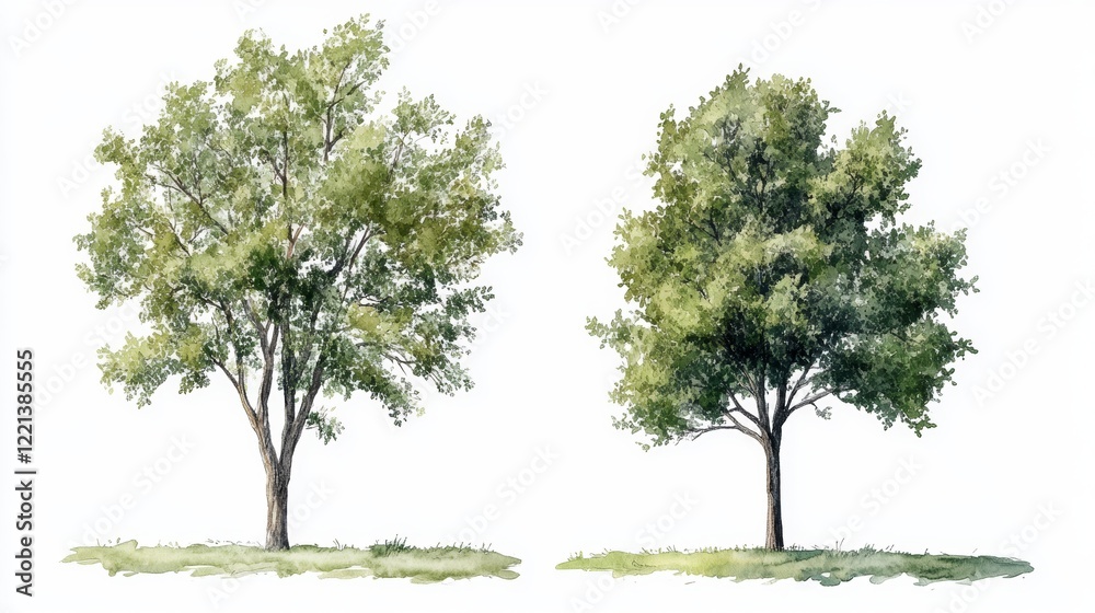 Fototapeta premium Watercolor Tree Side View for Landscape and Architecture Drawing