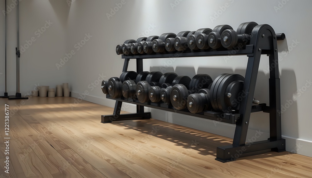 Organized Dumbbell Rack in Modern Gym: A Minimalist Fitness Image Organized Dumbbell Rack in Modern Gym: A Minimalist Fitness Image