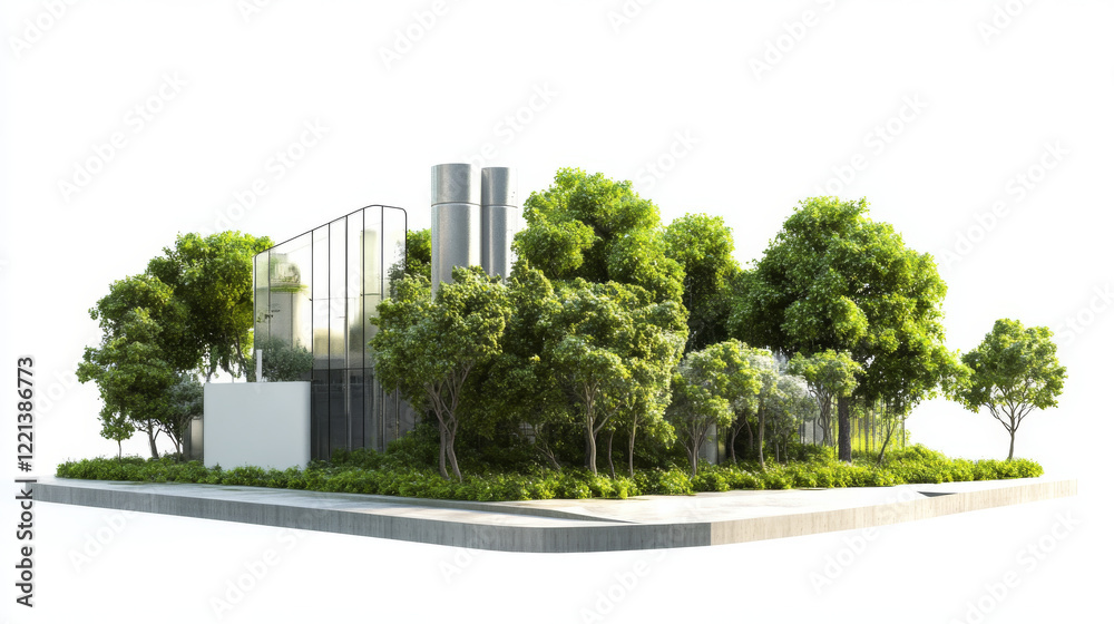 Obraz premium modern bioenergy facility surrounded by lush greenery and trees, showcasing sustainable architecture and eco friendly design