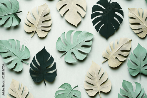 Modern tropical pattern featuring monstera and banana leaves in muted tones on a light gray background