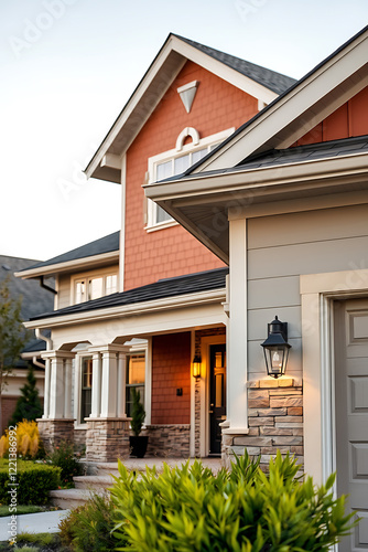 Luxury Home Exterior: Modern Brick and Stone House Design. Beautiful Residential Property with Landscaping