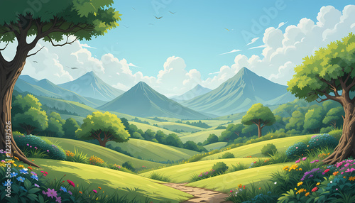 A cartoon landscape with mountains and trees illustration background for animation.