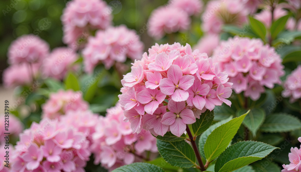Blooming pink hydrangeas in summer garden, natural beauty Blooming pink hydrangeas in summer garden, natural beauty