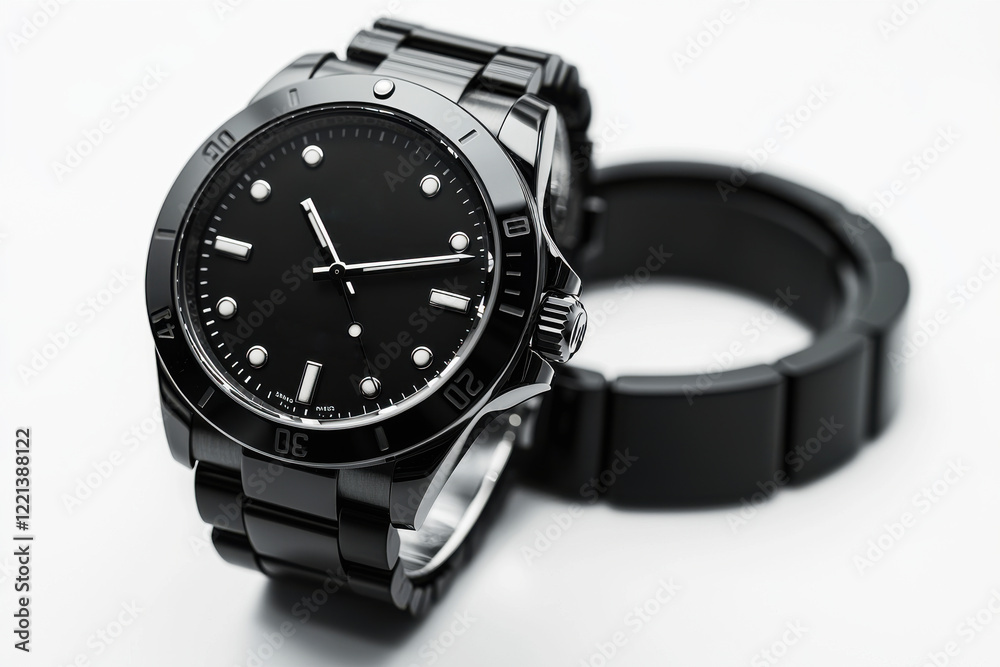 Stylish black metal wristwatch and cuff bracelet set against a pure white background showcasing elegance and modern design Stylish black metal wristwatch and cuff bracelet set against a pure white background showcasing elegance and modern design